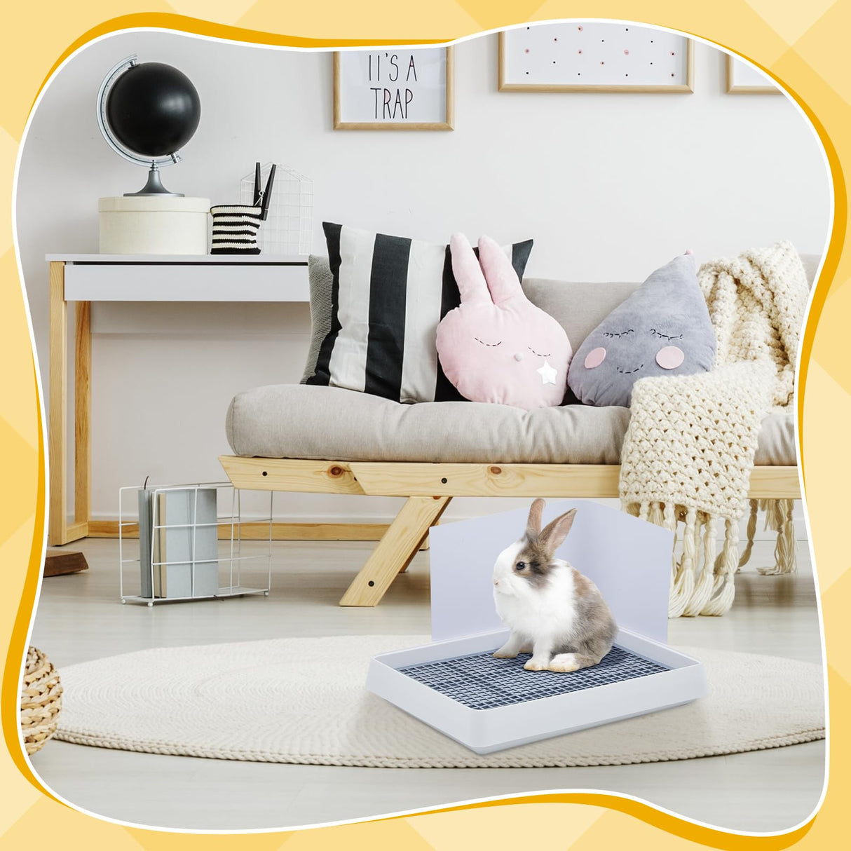 Uiifan Large Rabbit Bunny Litter Box Guinea Pig Litter Tray 15 x 12.1 x 2.55 Inch Small Animal Pet Toilet Potty Pan Rectangular Rabbit Bedding Tray Ferrets Cage (White and Blue)