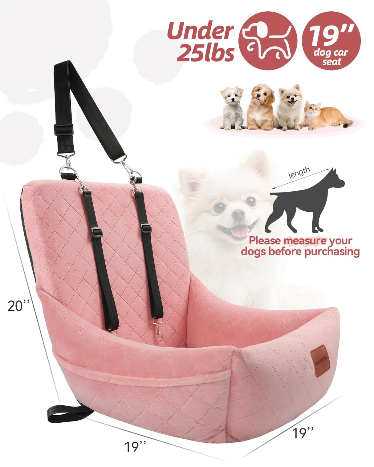 WOOAIDAGG Dog Car Seat for Small Dogs Up to 25lbs,Soft Washable Fabric Fill in Memory Foam,Easy to Assemble with 2 Clip-On Safety Leashes and Storage Pockets,Front or Back Seat are Both OK (Pink)