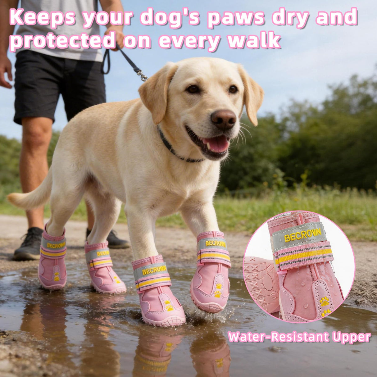 BECROWM Waterproof Dog Boots-Anti-Slip Dog Shoes with Paw Embroidery,Reflective Straps,for Rainy/Snowy/Muddy Days,Outdoor Walking (Pink, #4 (width2.36inch) for 33-44 lbs)