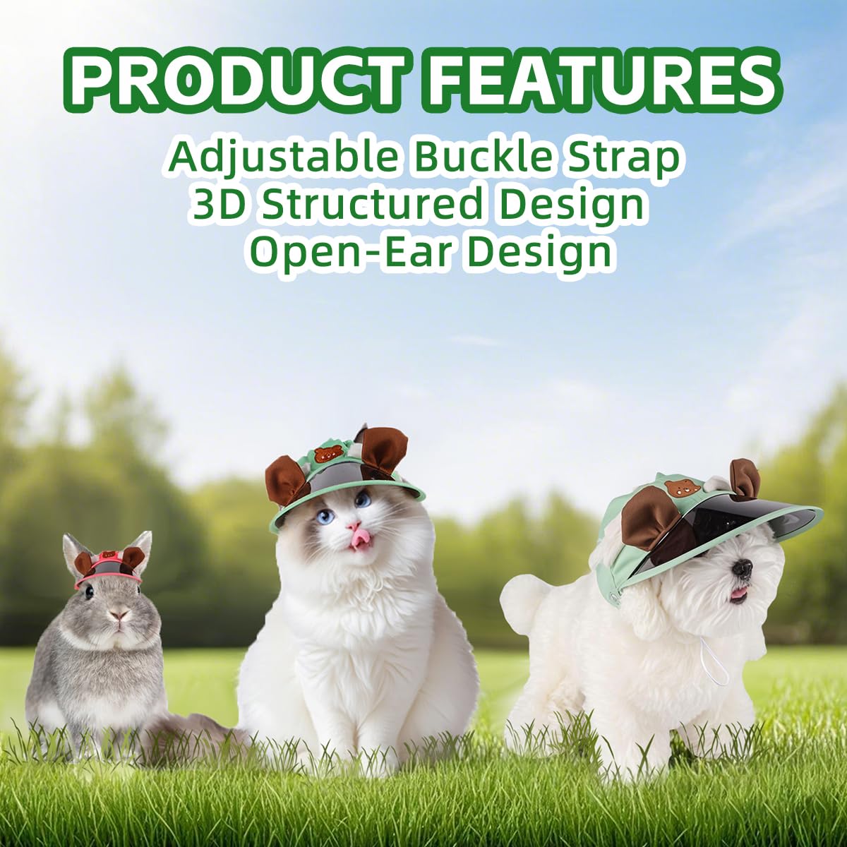 Pet Sun Visor Hat for Small Medium Dogs & Cats - UV Protection Cap with Bear Ears Adjustable Strap Ear Holes, Summer Sunshade for Puppies Pug Chihuahua Shih Tzu Yorkshire Terriers (Green,Small)
