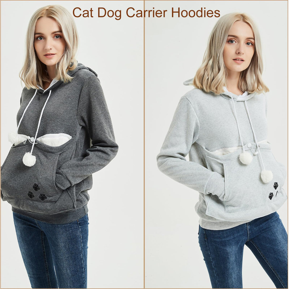 FENBEN Womens Pet Carrier Shirts Kitten Puppy Holder Animal Pouch Hood Sweatshirt Pouch Hoodie (Grey,XL)
