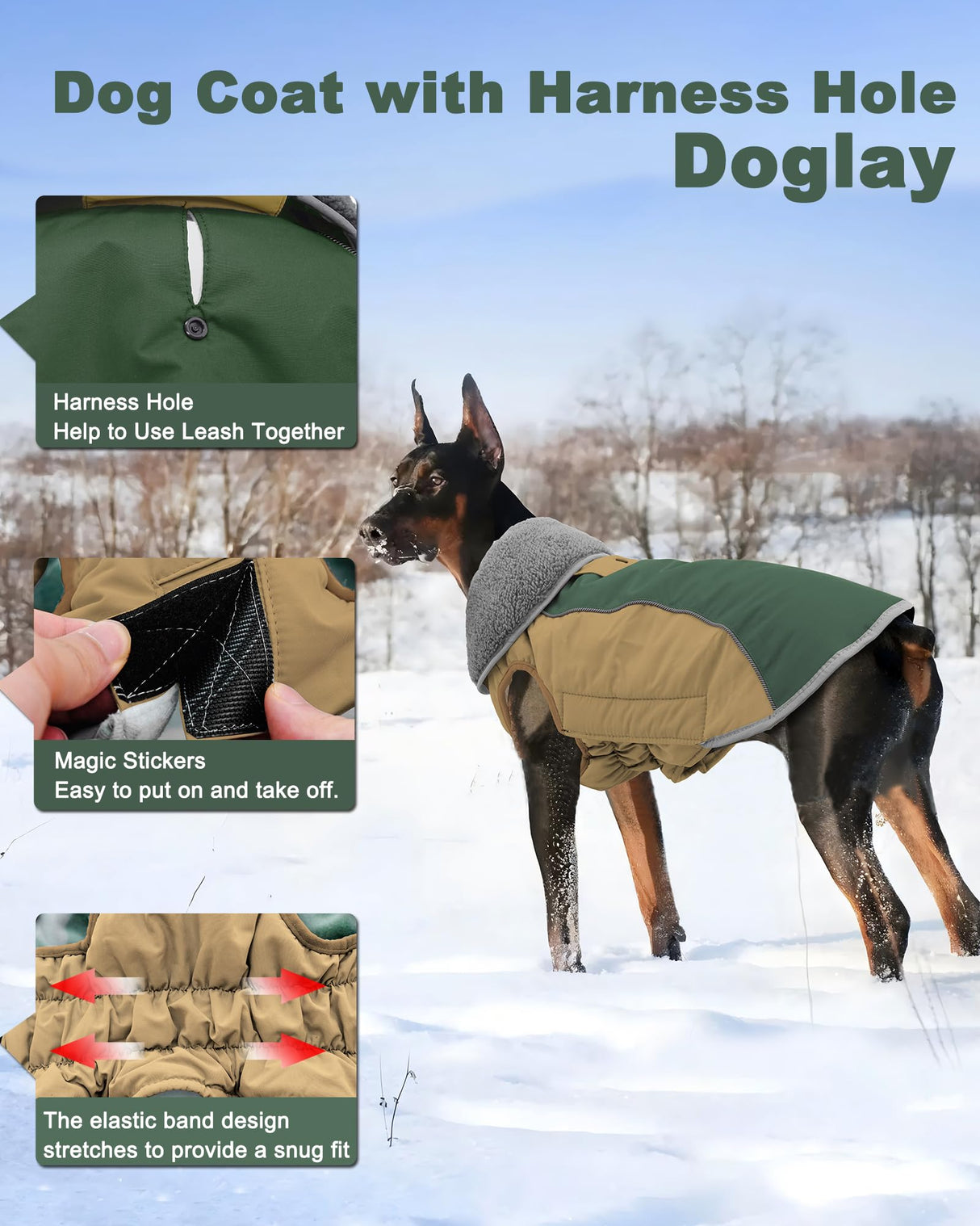 Doglay Dog Jacket Waterproof Dog Coat, Reflective Cold Weather Winter Coat, Adjustable Turtleneck Fleece Puppy Snow Jacket with Harness Hole for Small Medium Large Dogs
