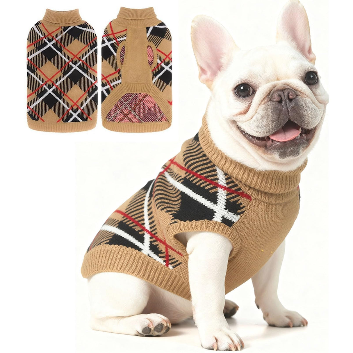 EXPAWLORER Fall Dog Sweater for Small Medieum Large Dogs, Knitted Pullover Turtleneck Cold Weather Classic Plaid Pet Clothes Sweatshirt Outfits for Winter, Girl/Boy Knitwear with Leash Hole Beige ML