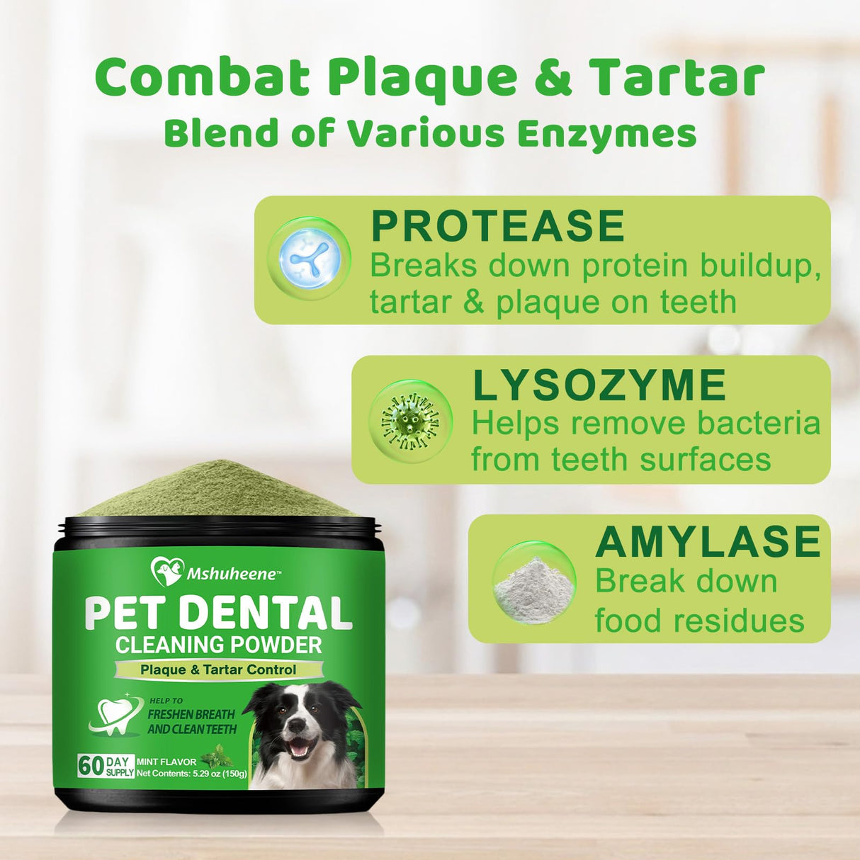 Dog Dental Powder, Dog Teeth Cleaning Powder Dog Breath Freshener with Natural Herbal Blend + Probiotics, Dogs Bad Breath Plaque Off Tartar Remover for Teeth Pet Tooth Cleaning, Mint, 60-Day Supply