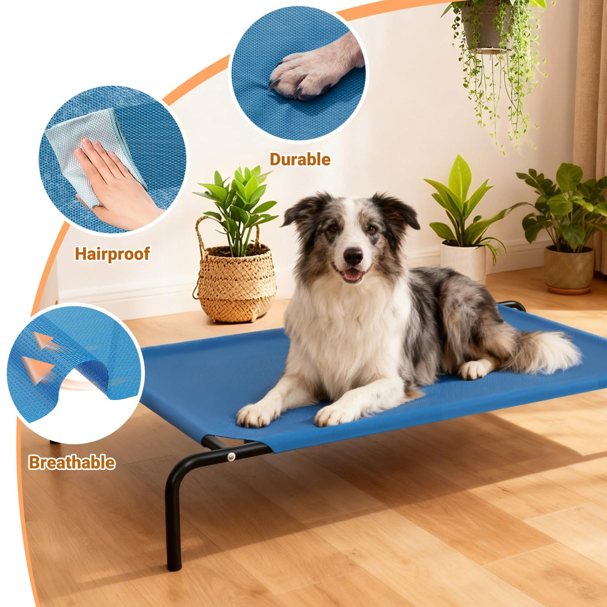 STARLATTA Elevated Cooling Dog Bed for Large Dogs,Waterproof Outdoor Pet Cot with Washable Breathable Mesh,Non-Slip Feet,Comfortable Dry Raised Dog Bed,50.8 x 31 x 8 Inches,Blue
