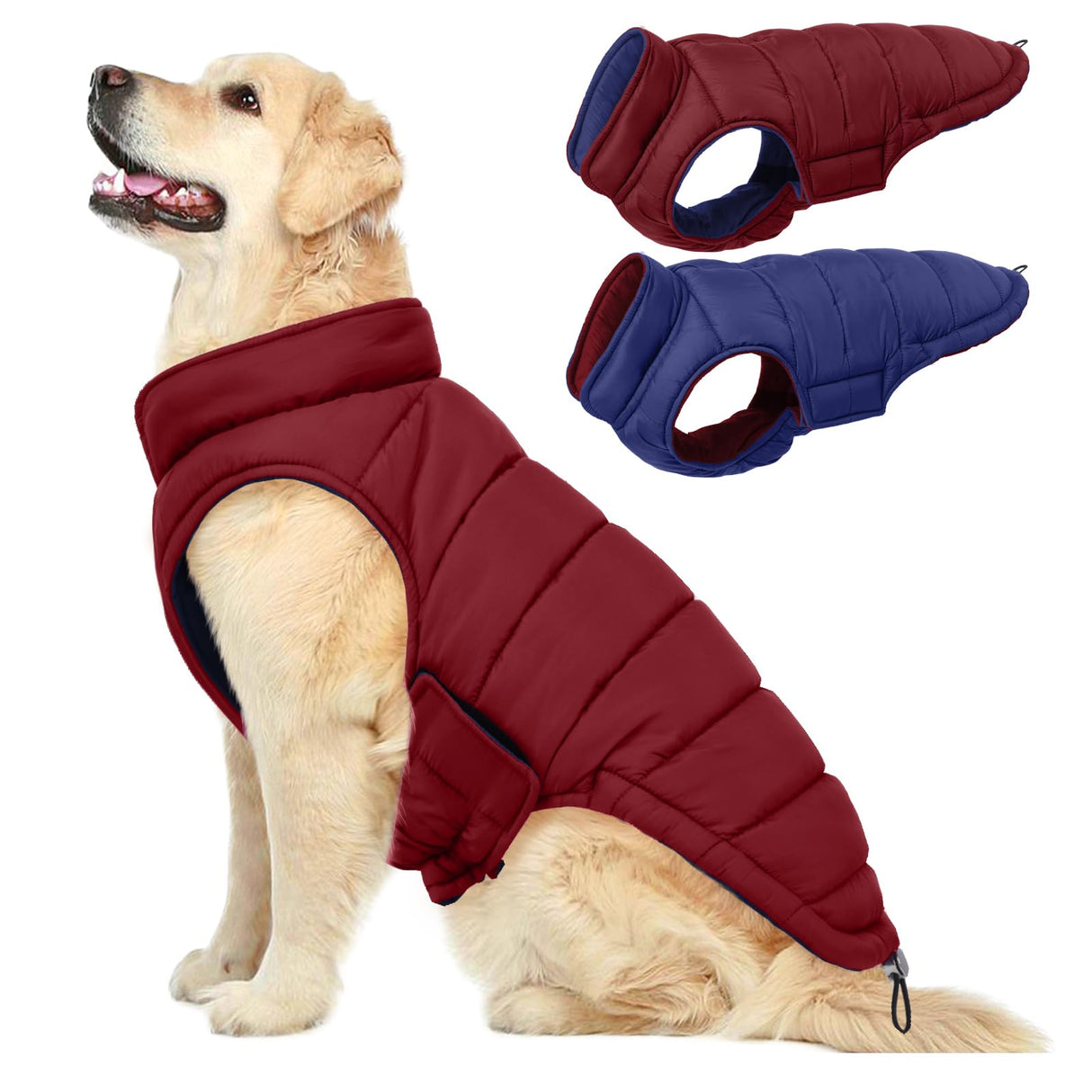 QBLEEV Reversible Dog Coat for Large Dogs, Waterproof Windproof Winter Jacket Keeps Big Breeds Warm & Dry, Adjustable Hook & Loop Puffer Vest, Wine Red, 3XL – Fits Labrador, Weimaraner, Great Dane