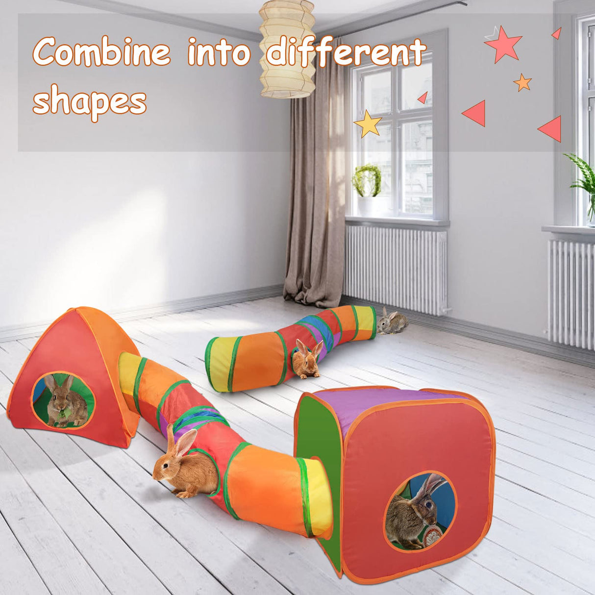 YUEPET Rabbit Tunnel and Cube Collapsible Tent Bunny Interactive Crinkle Tunnel Toys Small Animal Hideout with Play Ball for Dwarf Rabbit Bunny Guinea Pig (Rainbow)
