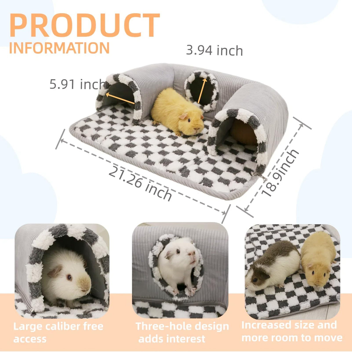 Lfokd Guinea Pig Hideout Tunnel with Warm Bed for Small Pet 3 Cave Small Animal Tunnel Toy Cages Grey