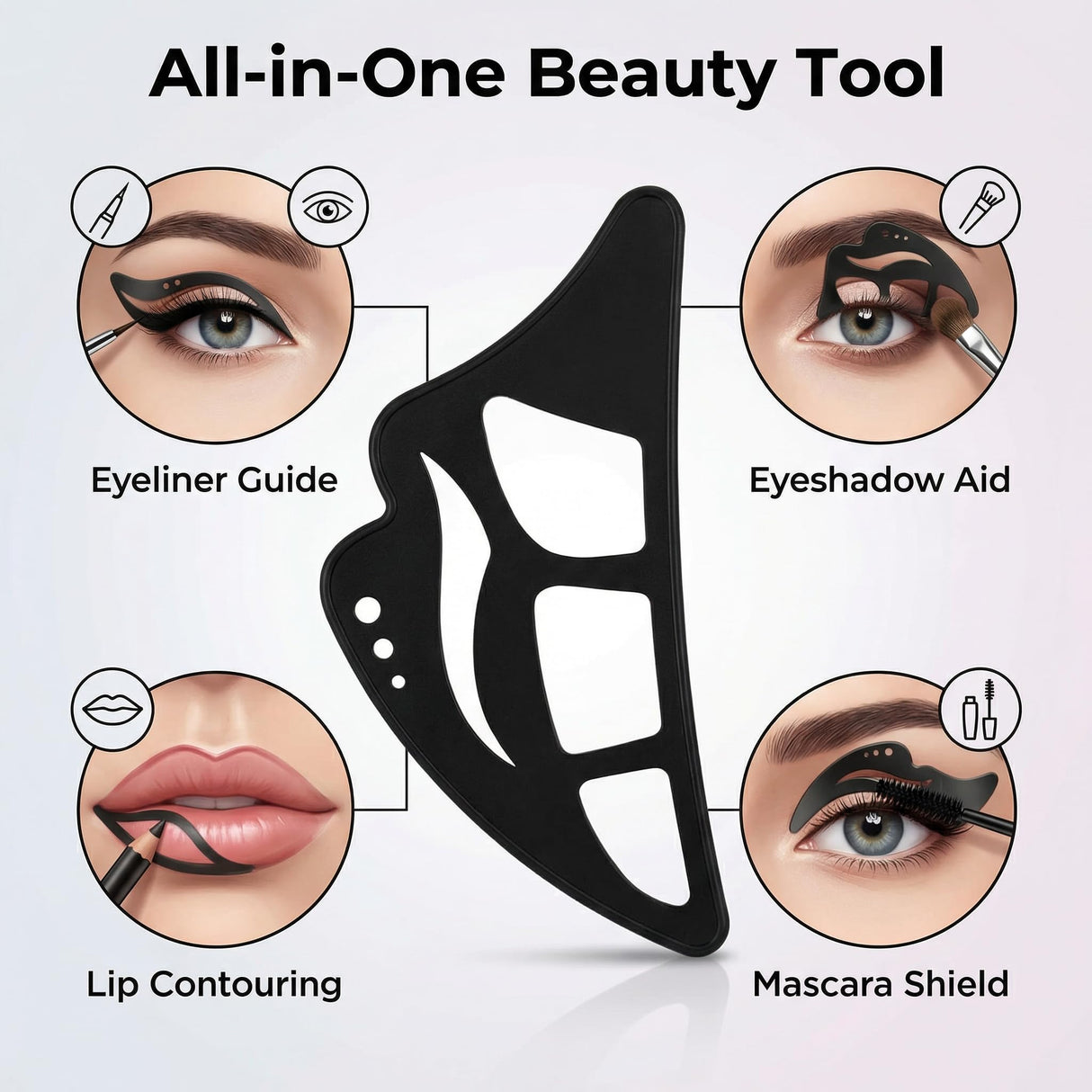 All-in-One Silicone Makeup Stencil Tool, Black, Eyeliner Guide, Eyeshadow Aid, Mascara Shield, Lip Contouring