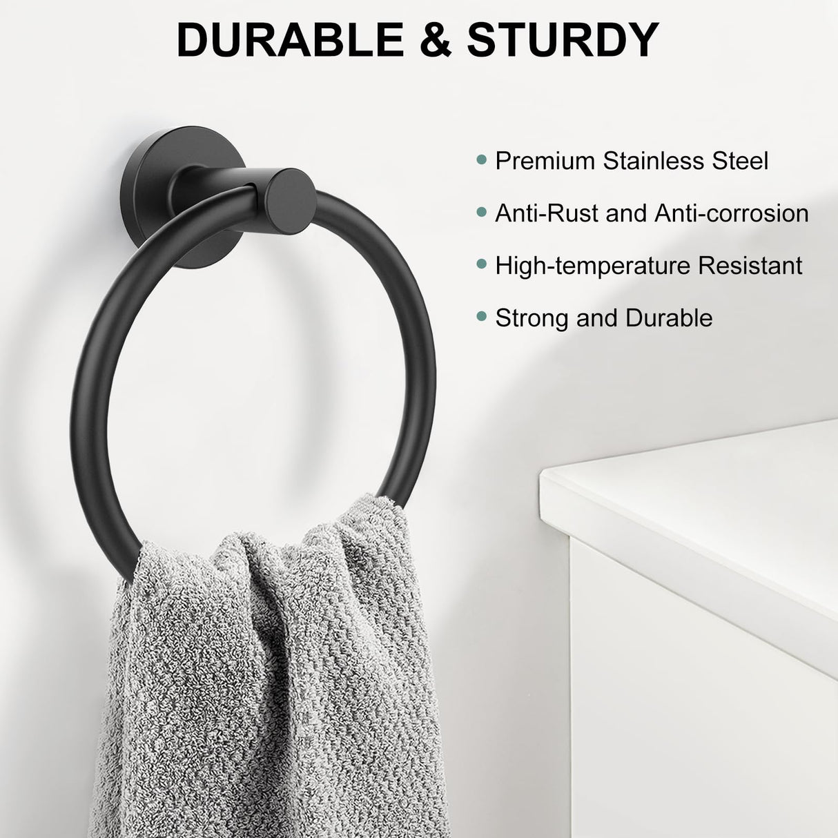 Towel Holder for Bathroom Wall Matte Black Towel Ring Stainless Steel Hand Towel Holder Heavy Duty Towel Hanger for Bath, Kitchen