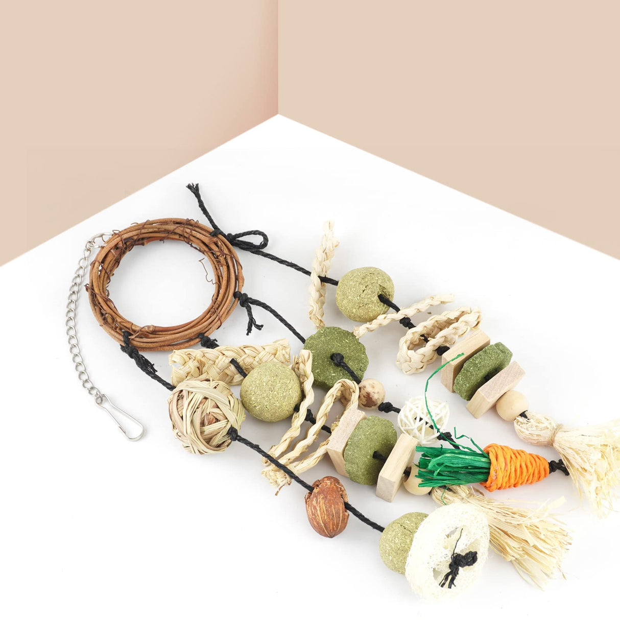Bissap Bunny Chew Toy, 2 Packs Rabbits Cage Hanging Chew Toys and Treats Rattan Ring with Snacks for Guinea Pigs Chinchillas Hamsters Rats and Other Small Pets Teeth Grinding