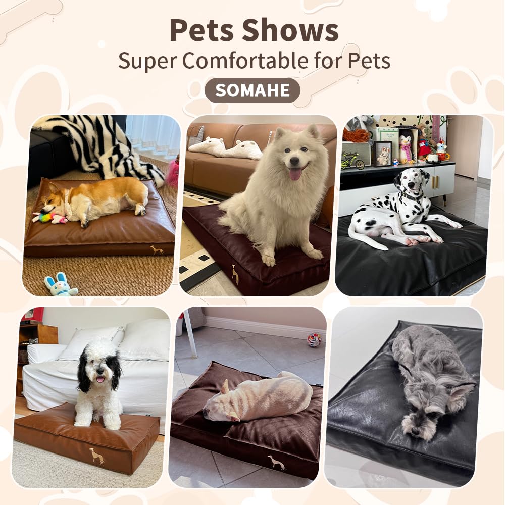 SOMAHE Dog Bed Medium Size Dog Orthopedic Beds for Small Dogs with Removable Washable PU Leather Cover Waterproof Black 35.4×27.5×4inch