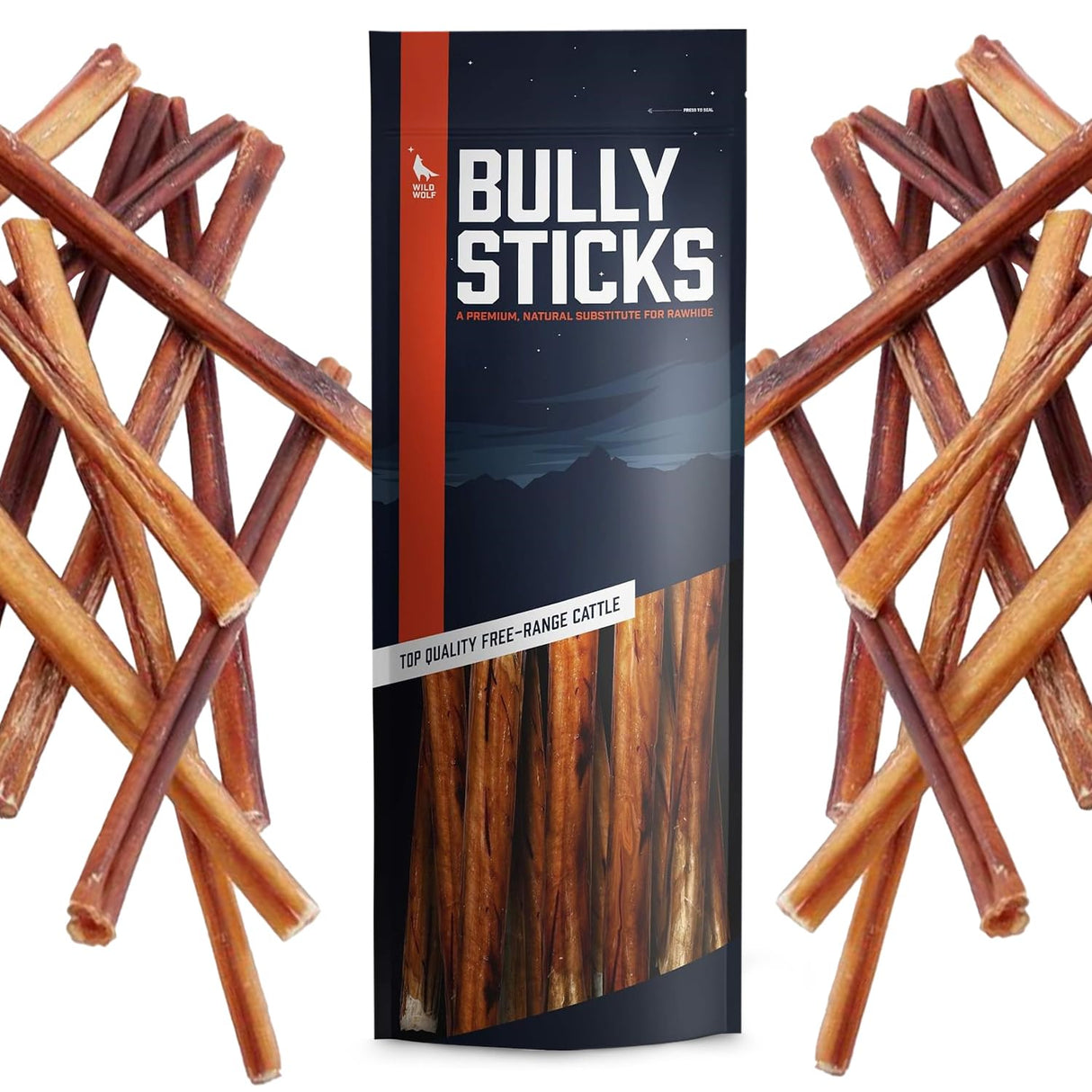 Wild Wolf 12-inch Angus Bully Sticks (8oz./~5 Sticks) Healthy, All-Natural, Long-Lasting Dog Chew Bones - Low Odor - Mixed Thickness - Lab-Tested, Hand-Inspected and Packed with Love in The USA