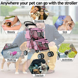 Dkeli 4 Wheel Pet Stroller for Small and Medium Dog Cats, Double Dog Stroller with Cup Holder, Folding Travel Cage for 2 Puppies or Two Kittens, Pink