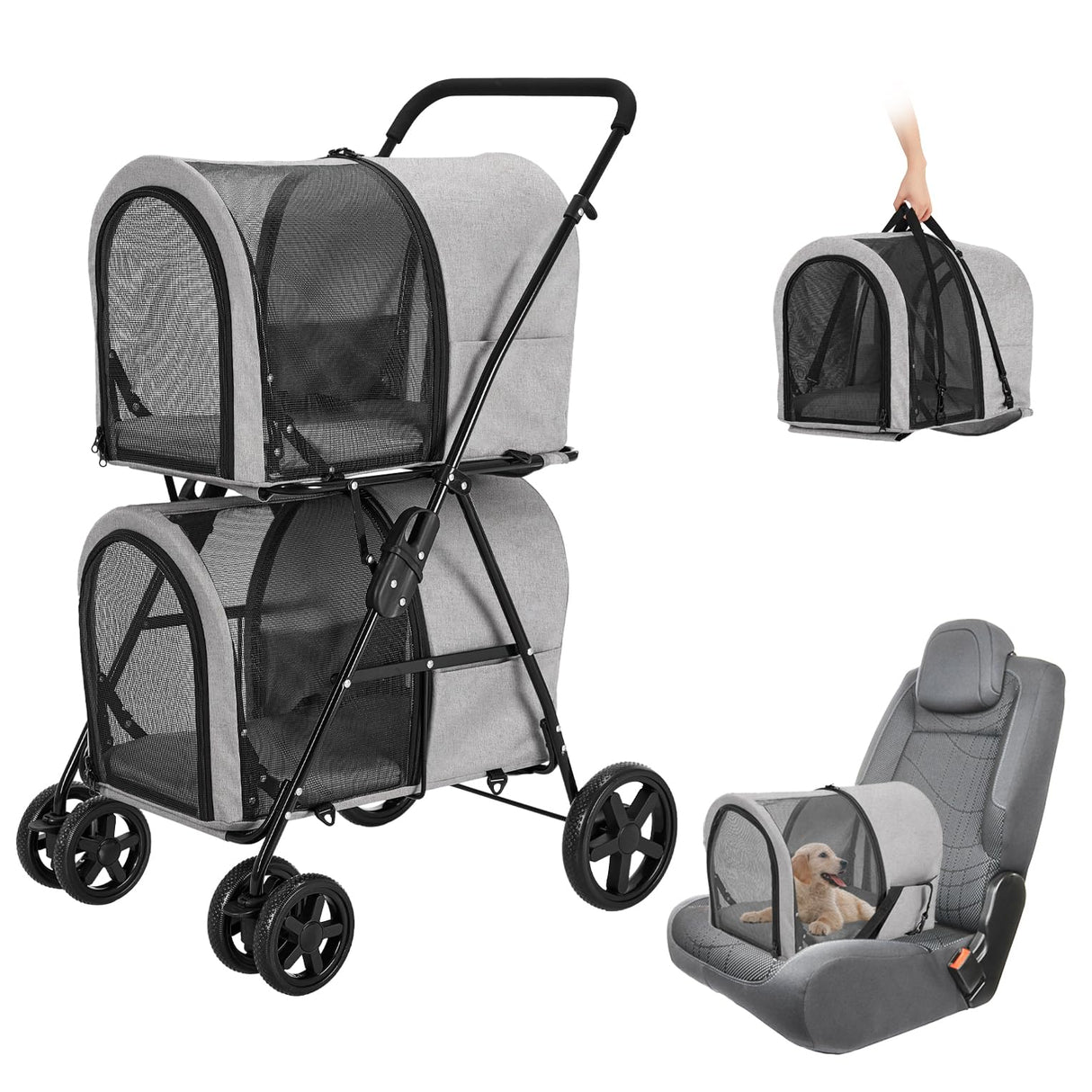 LPOTIUS Double Pet Stroller for Dogs and Cats with 2 Detachable Carrier, Quick-Folding Dog Stroller for Medium Small Dogs Cats, 4 Wheels, Light Gray