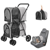 LPOTIUS Double Pet Stroller for Dogs and Cats with 2 Detachable Carrier, Quick-Folding Dog Stroller for Medium Small Dogs Cats, 4 Wheels, Light Gray