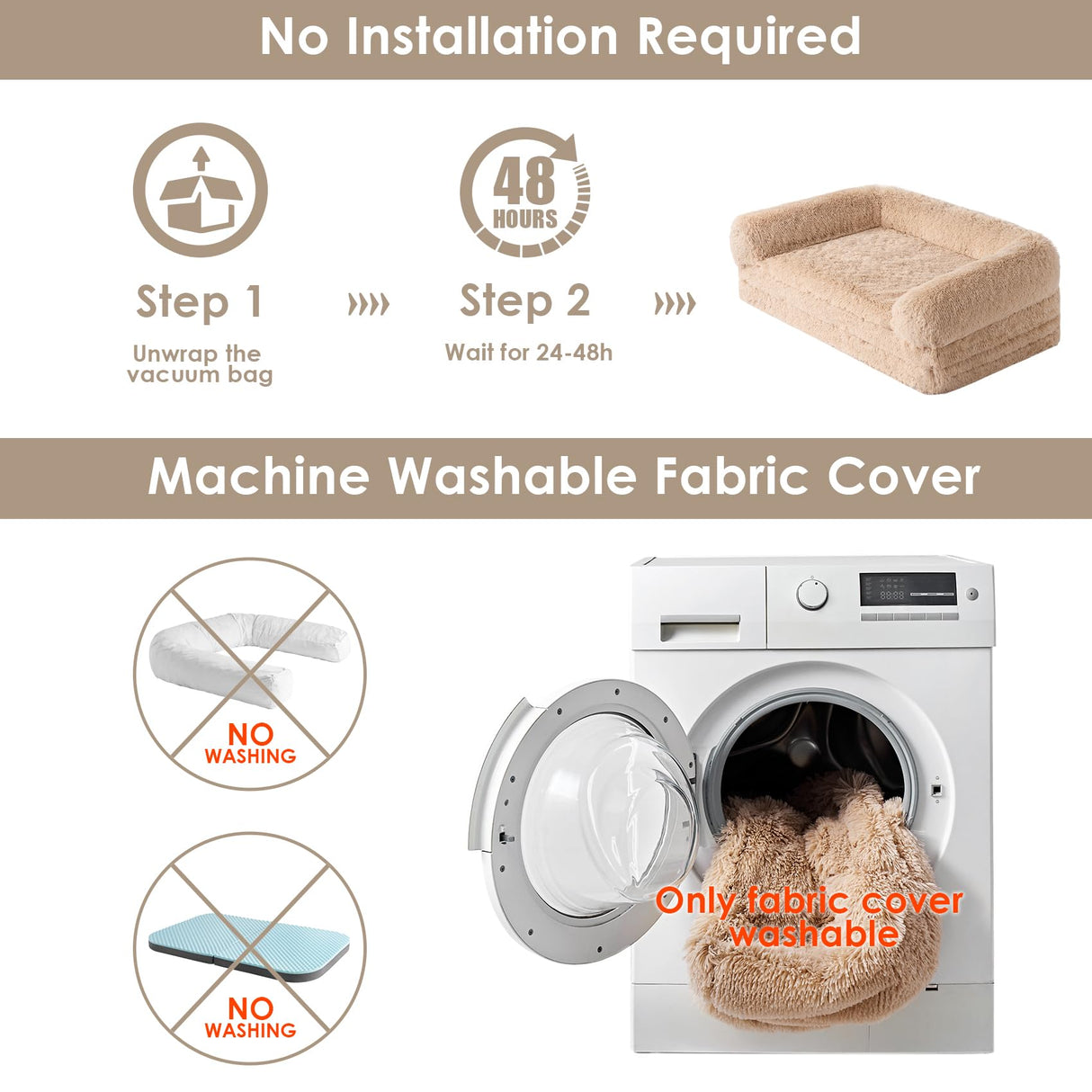 EHEYCIGA Foldable XXL Dog Bed for Large Sized Dog, 54"x38"x7.5" Faux Fur Fluffy Pet Couch Bed, Orthopedic Calming Memory Foam Big Pet Bed, Washable Pet Sofa Bed with Non-Slip Bottom, Camel