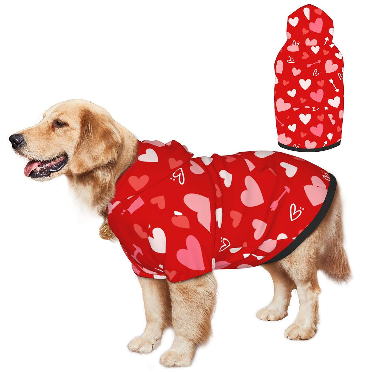 Valentine's Day Dog Costume Hoodie for Medium Large Dogs, Funny Heart Dog Outfit with Hood & Leash Hole, Warm SoftHoliday Valentine Sweatshirt Clothes for Dogs-M