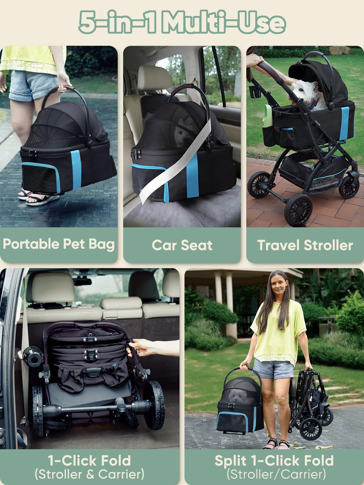Small Dog Stroller, Pet Stroller for Small Dogs, 5-in-1 Dog Strollers - Fold All in One Without Detaching Carrier, Pet Strollers with Removable Waterproof Carrier for Dogs Cats 10 lbs 20 lbs - Black
