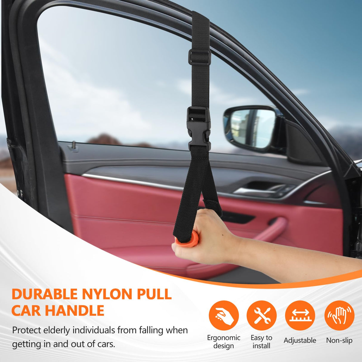 Kaiedos Car Door Handle for Elderly - 4 in 1 Auto Cane Portable Vehicle Support Handle Door Assist Bar, 2 Pack Car Handle Assist，Max Load: 500 Lbs, Anti-Slip Design (Orange)