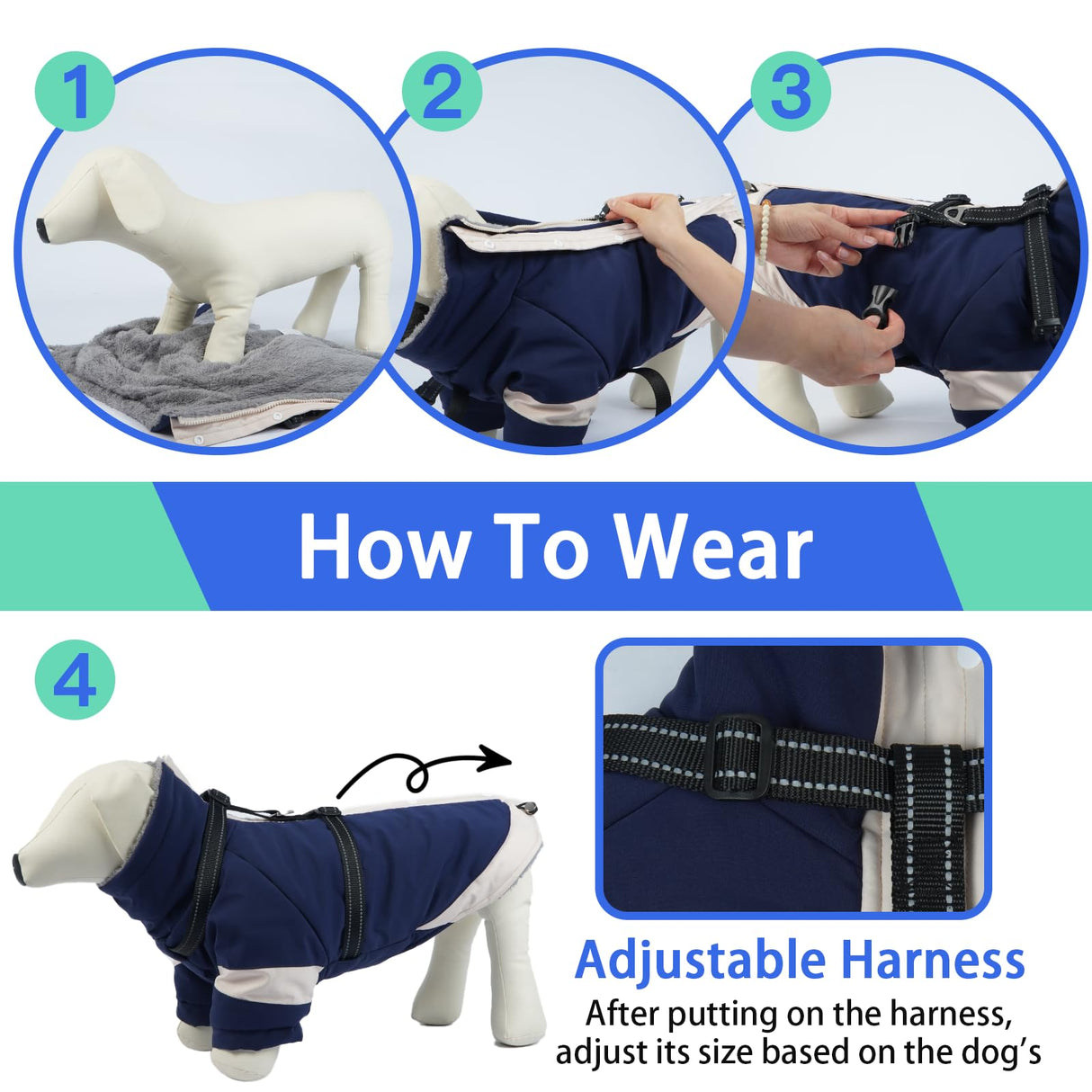 MIGOHI Waterproof Dog Coat with Harness Adjustable Dog Jacket Pet Winter Coat with Zipper,Christmas Small Fleece Jacket for Small Dogs,Extra Long Sleeves Warm Winter Snowsuit for Dogs,M,NavyBlue