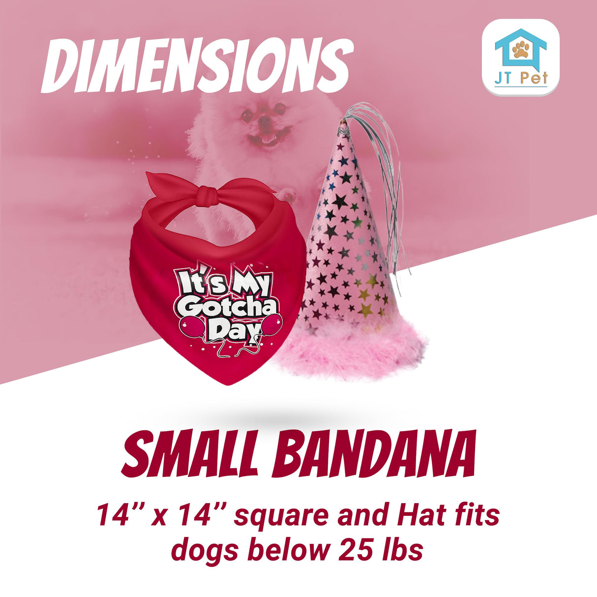 JT PET Dog Gotcha Day Party Pack with Bandana, Star Spangled Adjustable Elastic Party Hat with Tassels and Feathery Trim, Vegan Pie Included, Pink Girl, Small