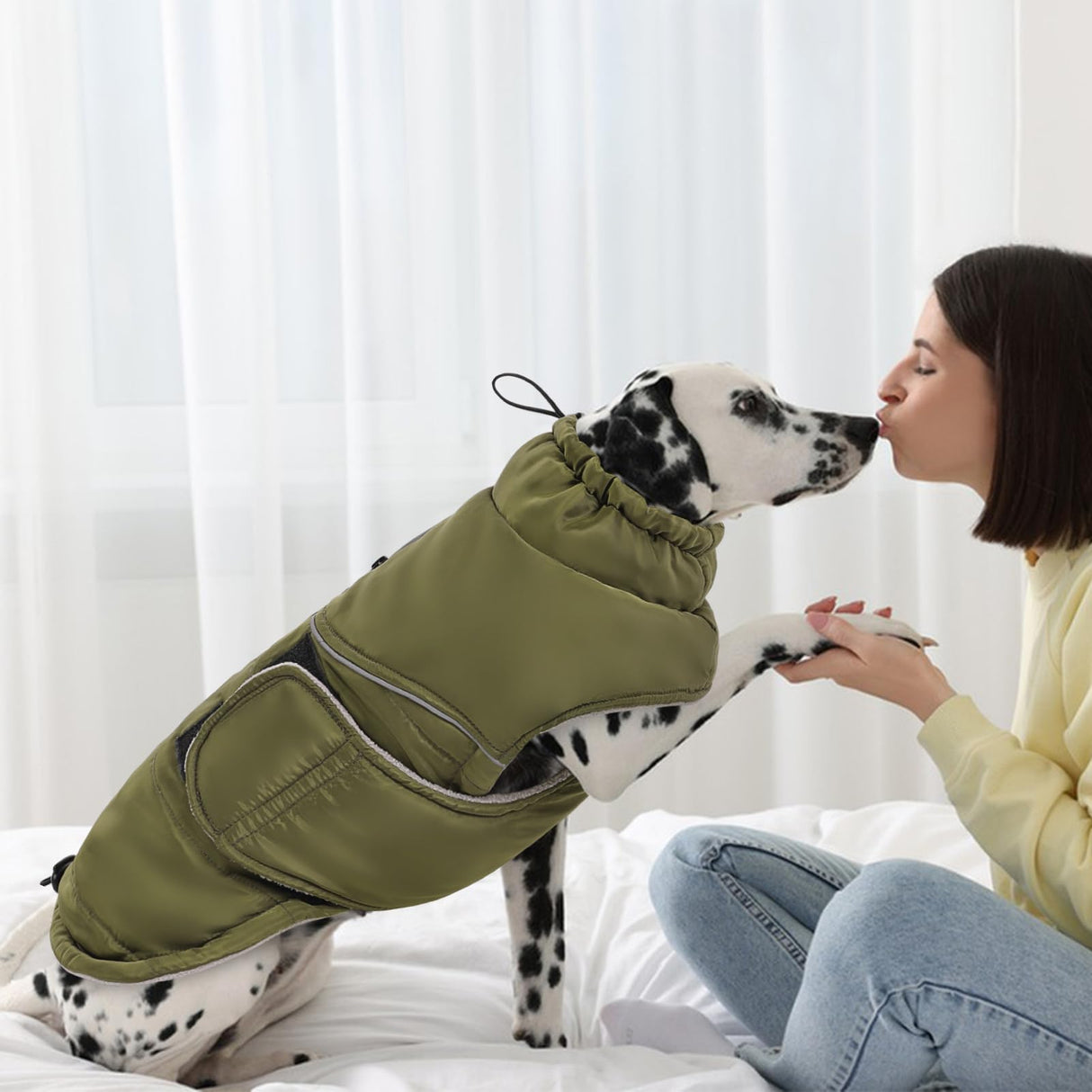 Peferhouse Warm Winter Coat for Large Dogs, Cold Weather Windproof Reflective Jacket With Harness Hole, Thick Vest ArmyGreen L