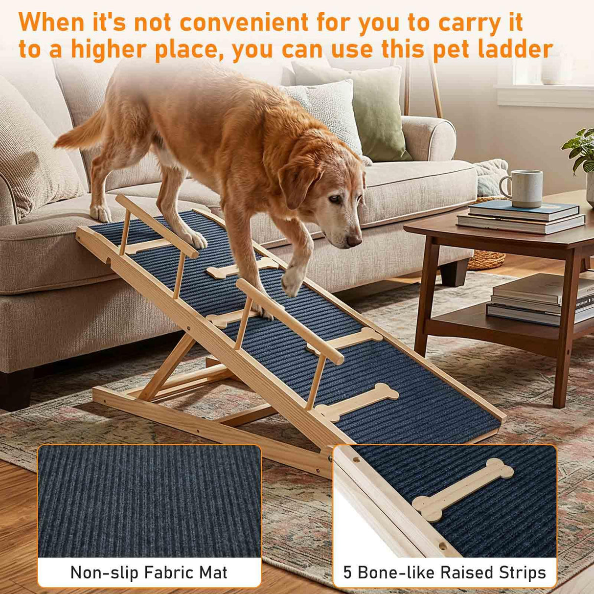 Dog Ramp Adjustable 5 Heights, Non-Slip Design with Leather Handle for Easy Transport & Storage, Perfect for Beds and Couches-Ideal for Small to Large Dogs