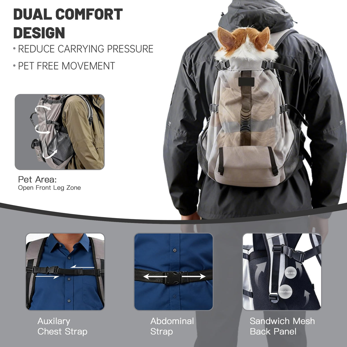 Dog Carrier Backpack for Medium Dogs, Hiking Bag for Pets Up to 30 lbs - 4-Layer Safety Design with Thick Padded Straps, Built-in Leash & Breathable Mesh, Suitable for Hiking, Cycling, and Travel