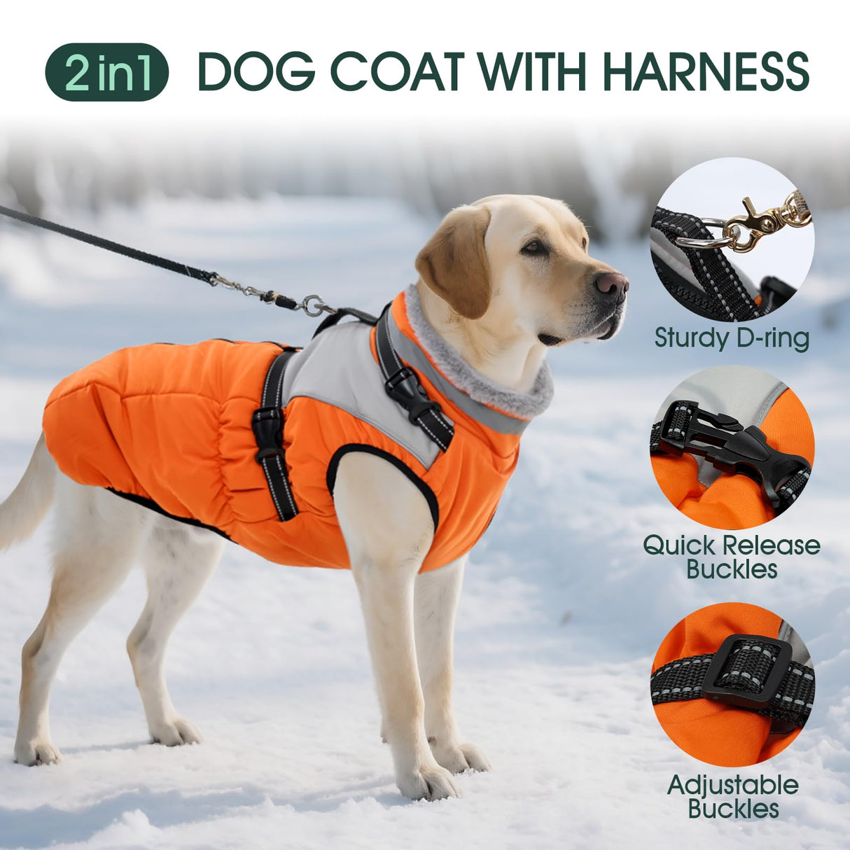 Kuoser Dog Coat, 2 in 1 Dog Jacket with Harness Built in, Winter Waterproof Puppy Puffer Jacket Snowsuit for Small Medium Large Dogs, Cold Weather Reflective Pet Fleece Hunting Vest with Zipper