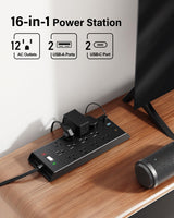 Surge Protector Power Strip 4800J, 10Ft Long Extension Cord Flat Plug, 12 Outlets 2 USB C 2 USB Ports, Wall Mountable, 20W Desk Charging Station, Black