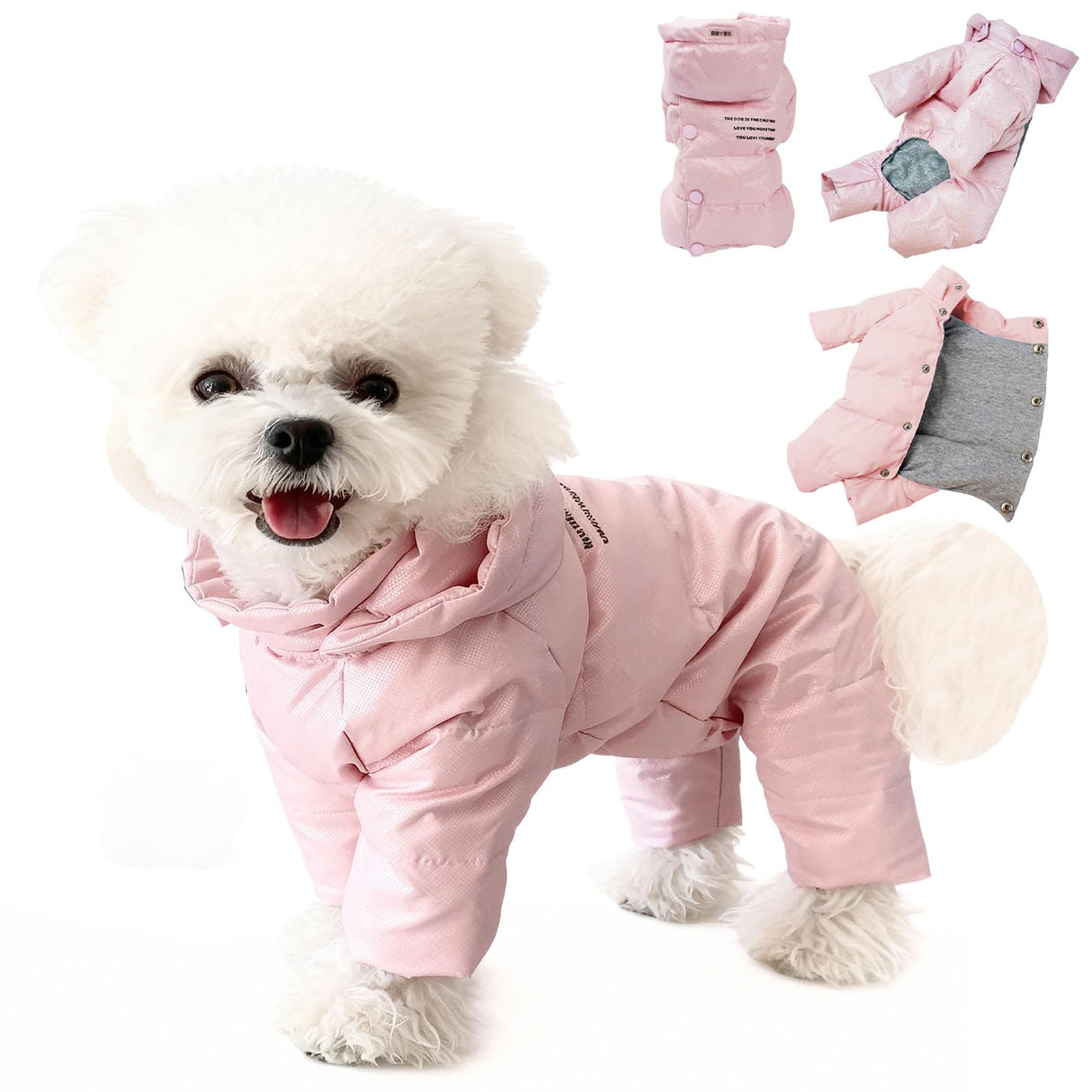 PawUnion White Duck Down Dog Coat - 4-Leg Coverage, Waterproof Windproof Warm Winter Snowsuit, Cotton Anti-Static Lining, Built-in Harness Hole for Small/Medium Dogs,Size 16(XXL) Pink
