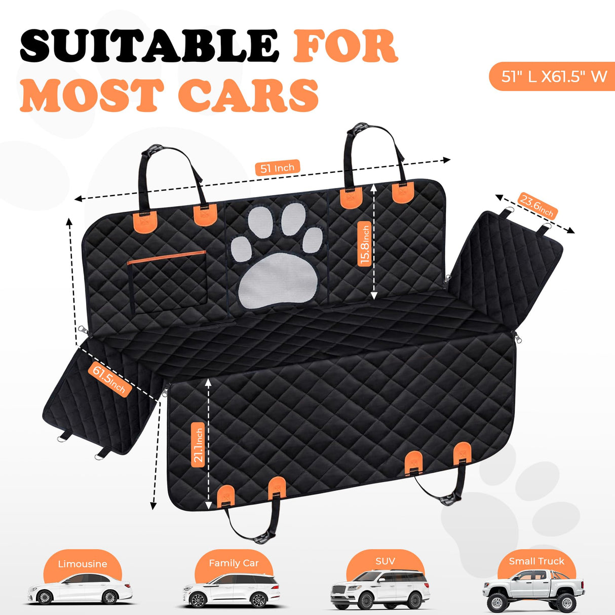 Dog Car Seat Cover For Back Seat, 100% Waterproof Hammock & Back Seat Protector 137*147 cm (54*58 in), Heavy Duty 600D Oxford, Non-Slip, Scratchproof, Easy to Clean, Universal Fit for Cars,