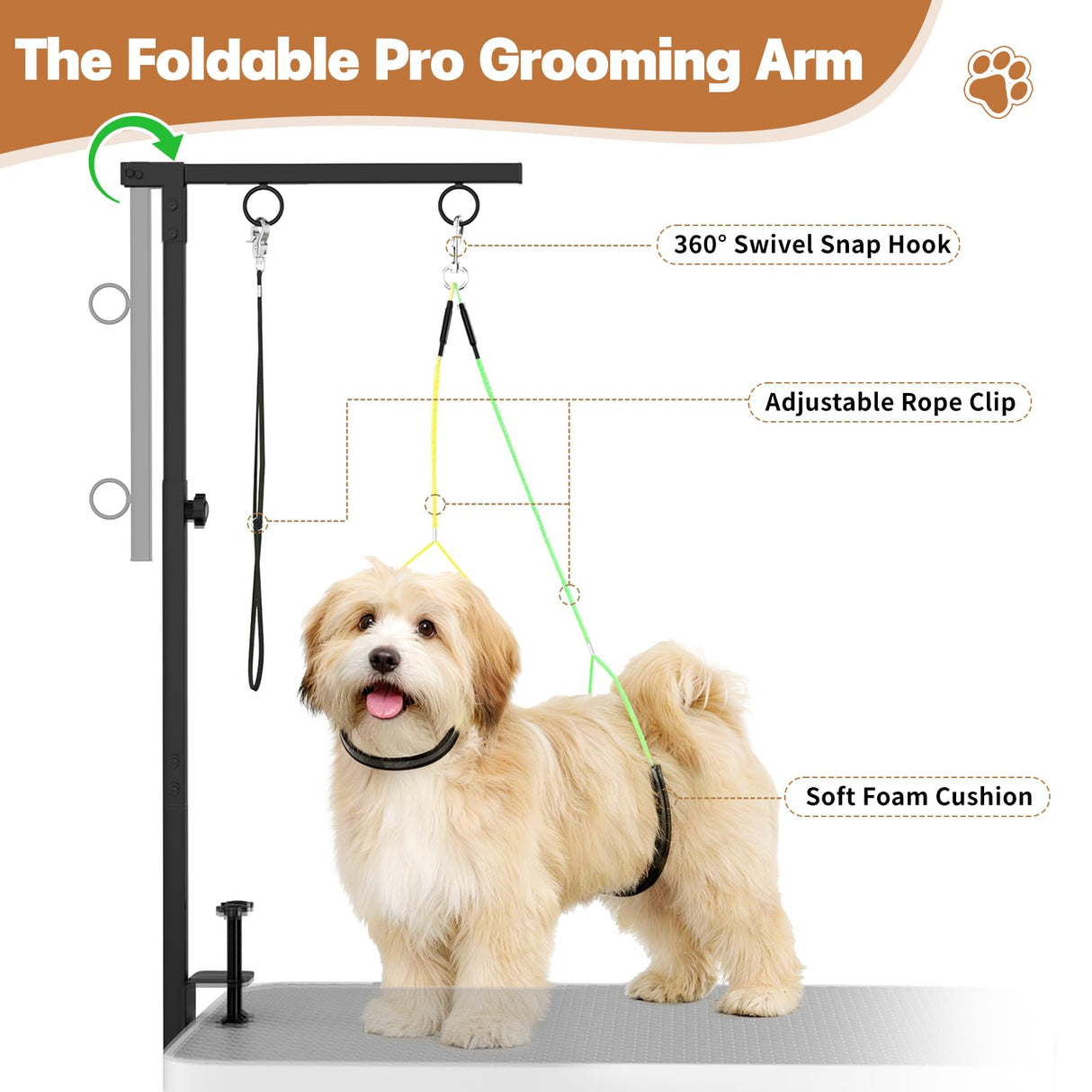 MHACVVO Dog Grooming Table Arm, 31.5"-43.3" Adjustable Pet Stand with Hammock & Clips – 3-in-1 Grooming Kit for Nail Trimming, Haircut & Drying, Home Supplies for Small Dogs