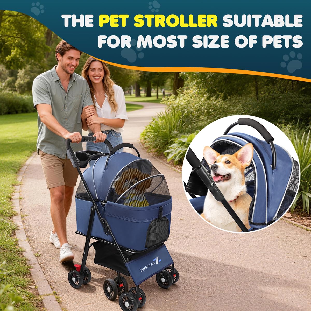 Dog Stroller, 4 Wheels Pet Stroller for Small & Medium Dogs, One-Click Foldable Cat Strollers Up to 45 Ibs with Storage Basket, Cup Holder and Breathable Mesh