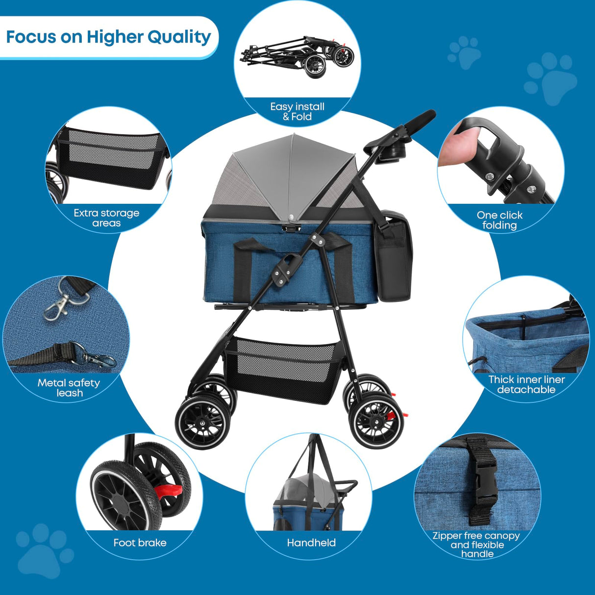 2-in-1 Foldable Pet Stroller with Canopy, 4 Wheels Pet Strolling Cart for Small/Medium Dogs and Cats with Removable Carrier,Breathable Mesh,Mom Tote Bag,Cup Holders,Easy Assembly,Grey+ Green