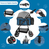 2-in-1 Foldable Pet Stroller with Canopy, 4 Wheels Pet Strolling Cart for Small/Medium Dogs and Cats with Removable Carrier,Breathable Mesh,Mom Tote Bag,Cup Holders,Easy Assembly,Grey+ Green