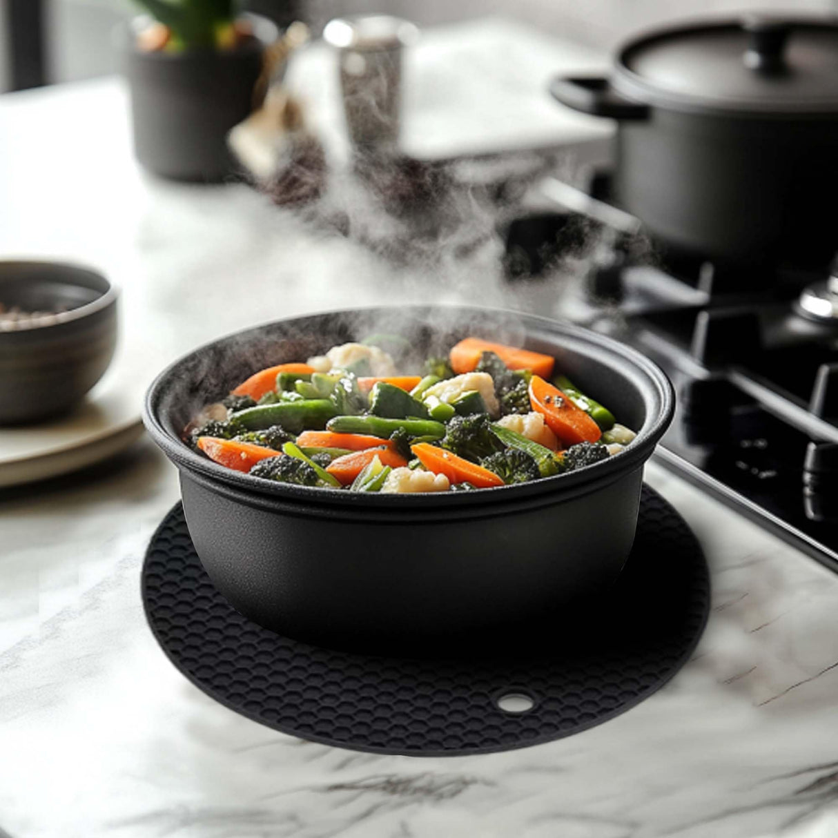 Silicone Trivet Mats,Heat Resistant Pot Holders, Multipurpose Non-Slip Hot Pads for Kitchen Potholders, Hot Dishers, Jar Opener, Spoon Holder, Food Grade Silicone(Black Size Round 7''x7'')