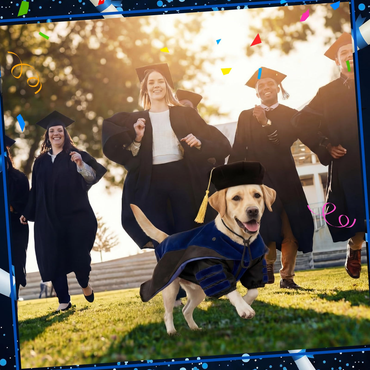 Huhumy 3 Pcs Dog Cat Graduation Doctoral Costume Set, 2026 Pet Graduation Cap and Deluxe Doctoral Gown with Hood Side Tam Puppy Kitty Dogs Cats Grad Holiday Party Costume Accessory(Black Blue,M)