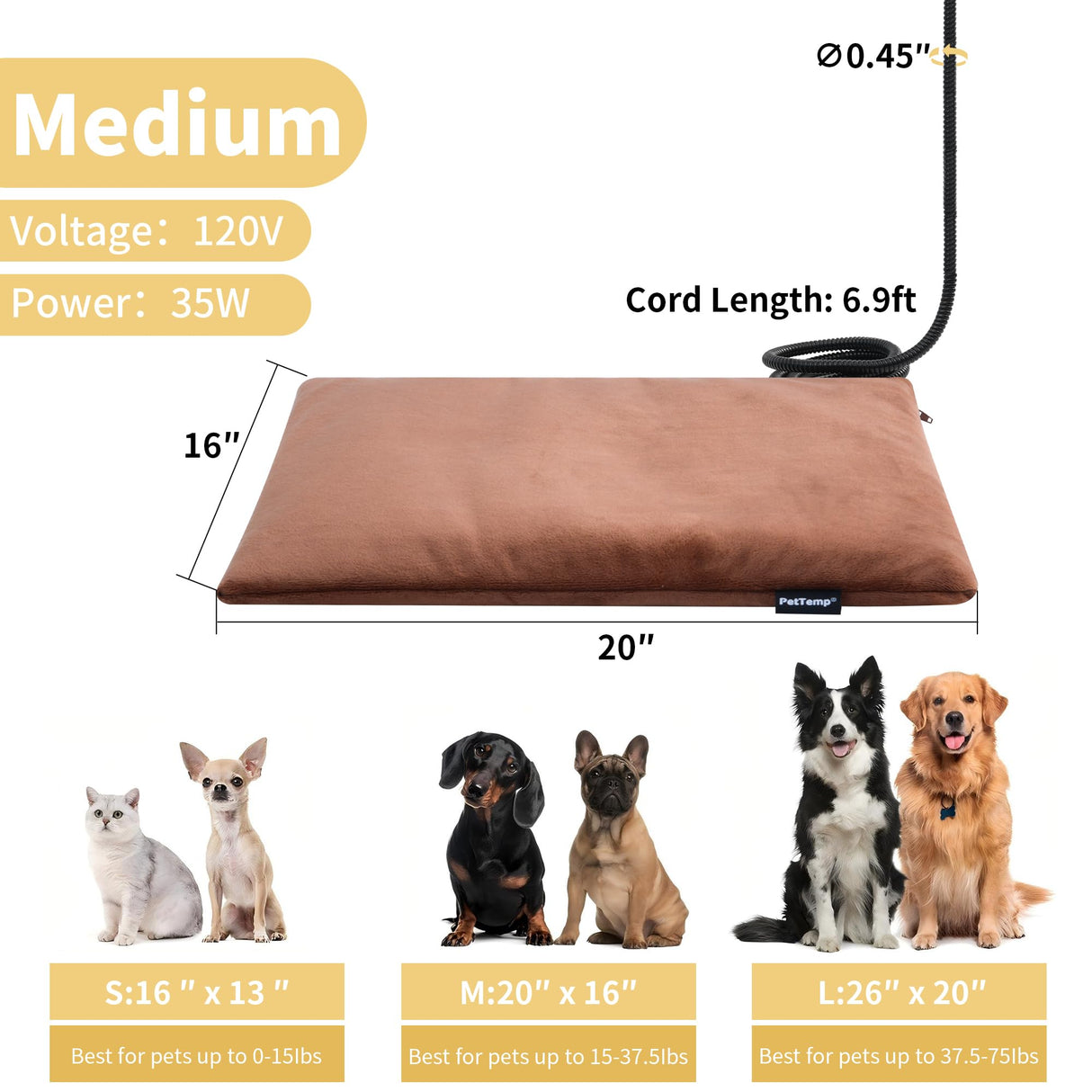 PetTemp Pet Heating Pad for Cats Dogs Indoor & Sheltered Outdoor Waterproof Heated Cat Bed Heated Dog Bed Chew Resistant Cord Constant Temperature Brown 20 x 16 Inch