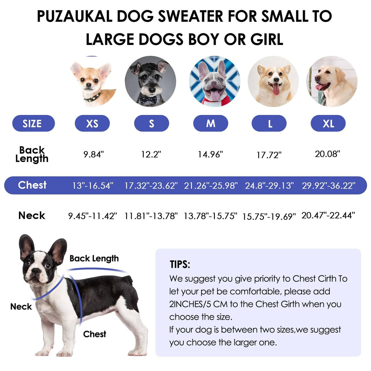 PUZAUKAL Dog Sweater,Adjustable Dog Sweaters for Small, Medium and Large Dogs Boys Girls, Dachshund Chihuahua Fleece Dogs Sweater(Blue,XL)