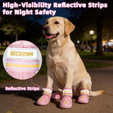 BECROWM Waterproof Dog Boots-Anti-Slip Dog Shoes with Paw Embroidery,Reflective Straps,for Rainy/Snowy/Muddy Days,Outdoor Walking (Pink, #4 (width2.36inch) for 33-44 lbs)