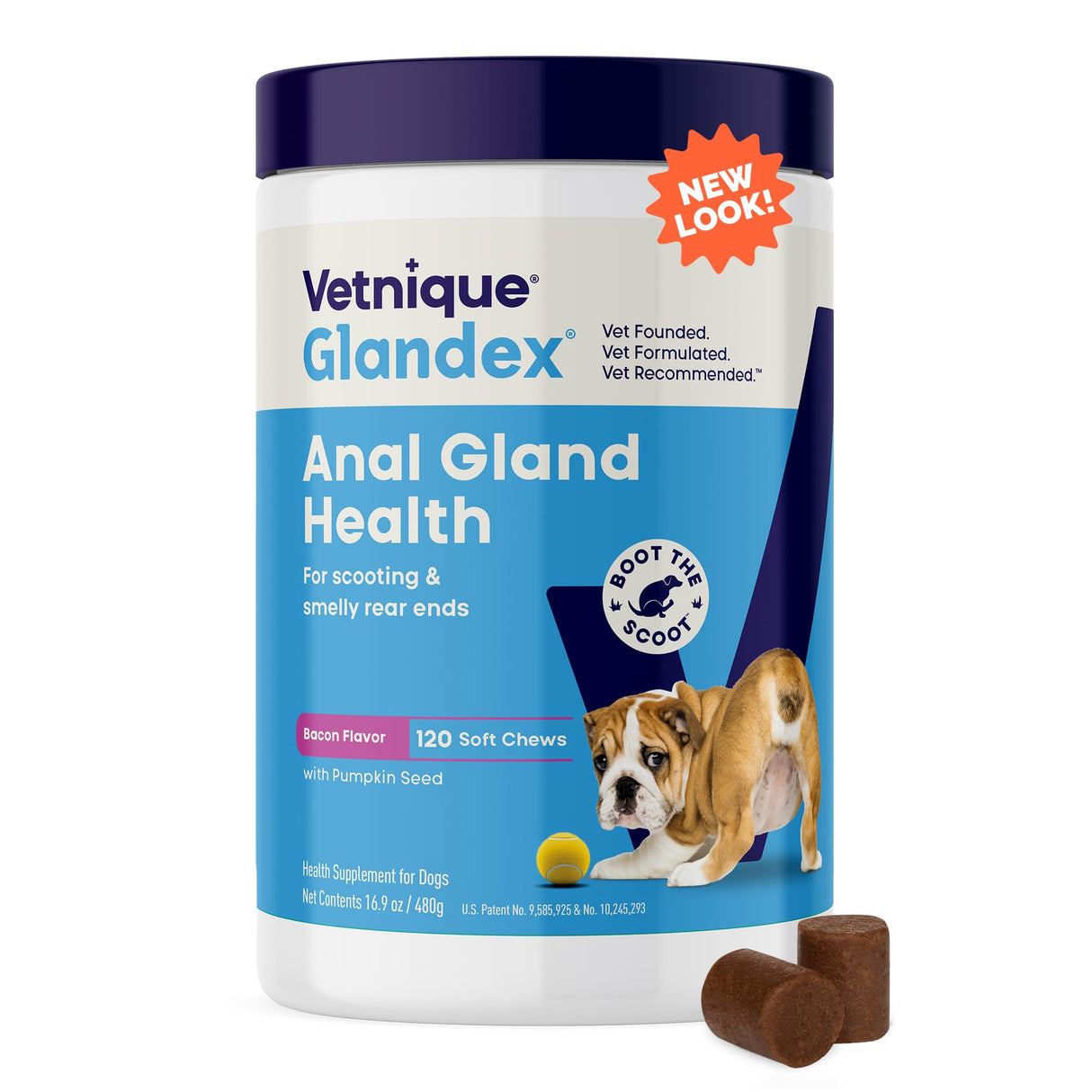 Vetnique Glandex Anal Gland Soft Chew Treats with Pumpkin for Dogs Digestive Enzymes, Probiotics Fiber Supplement for Dogs Boot The Scoot (Bacon Flavor Chews, 120 Count)