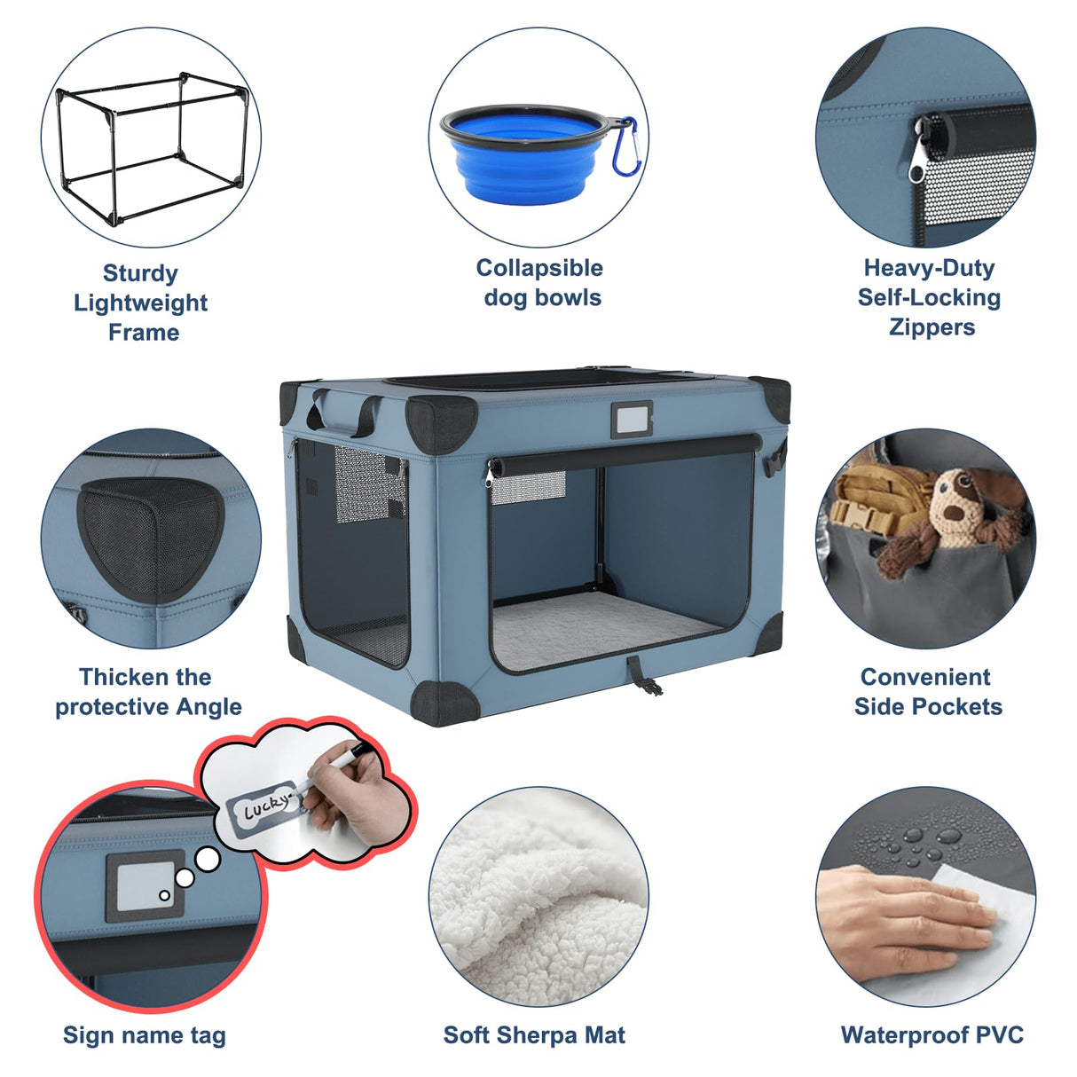 QUIBBLICK 36 Inch Soft Collapsible Dog Crate, Portable Travel Dog Crate for Indoor and Outdoor Use, Oxford Fabric Pet Carrier with Chew-Proof Mesh Window, Warm Blanket and Foldable Bowl, Blue