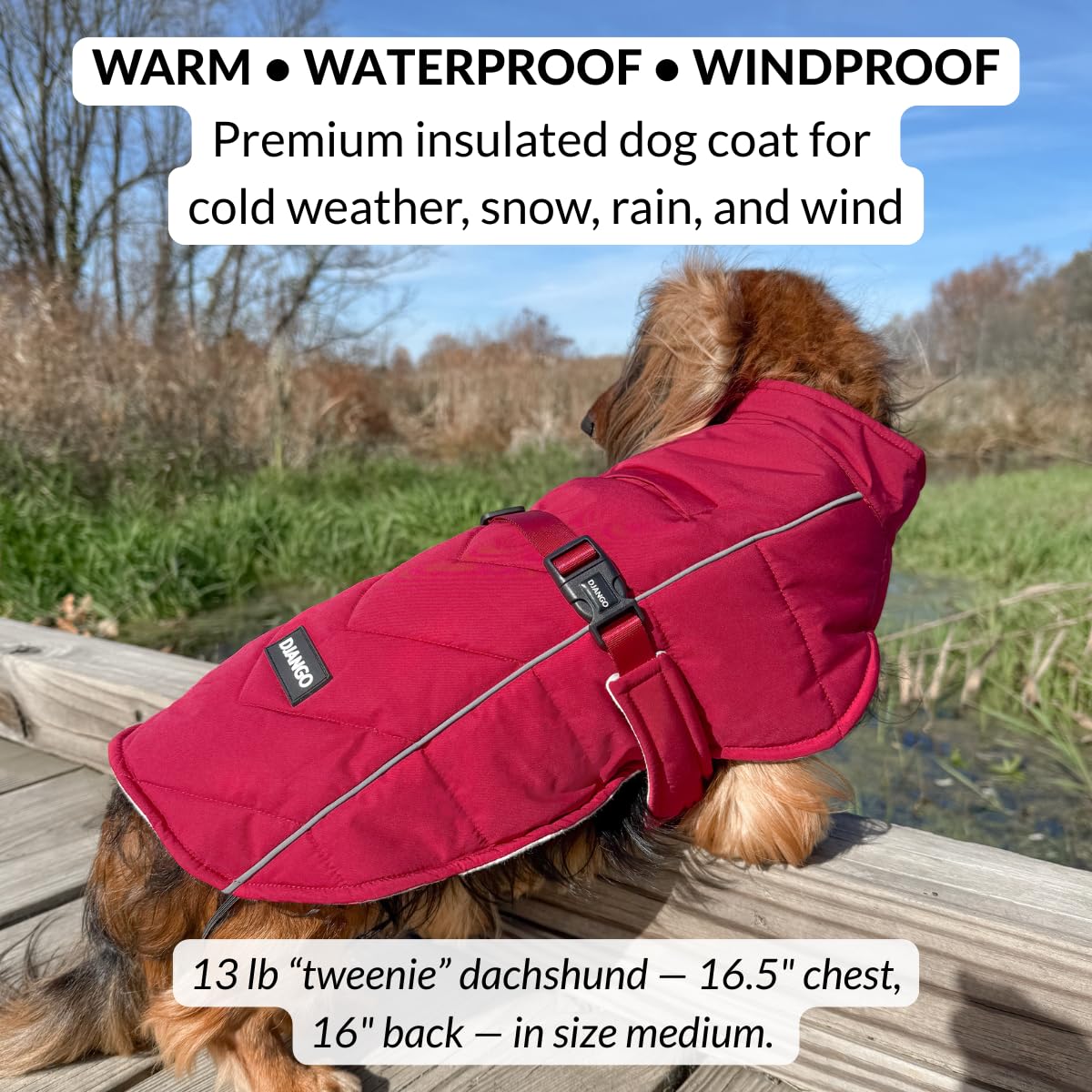 DJANGO Insulated Winter Dog Coat – Warm, Water-Repellent Puffer Jacket for Small Dogs, Dachshunds & Puppies – Adjustable, Reflective Cold-Weather Dog Coat with Harness Hole – Firelight Red, Small