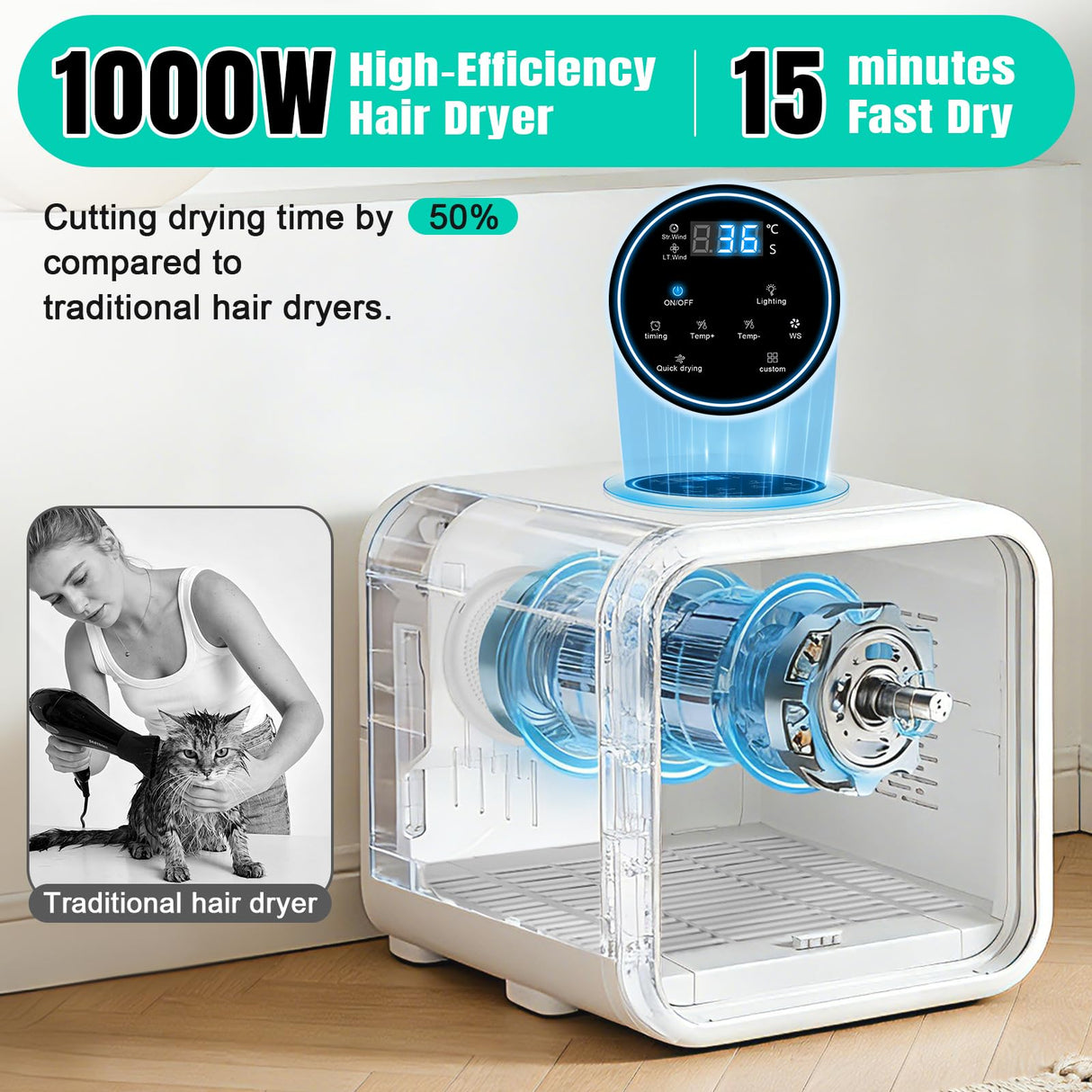 Automatic Pet Hair Dryer Box,Powerful Motor Fans Blower for Cats and Small Dogs,360° Drying,Temperature Control,Self-Dryer Boxes with 3 Adjustable Speed Settings&Quick Drying Modes, Cat Toys,Towel W