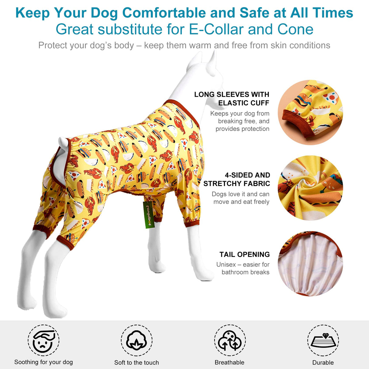 LovinPet Dog PJS Onesies for Giant Dogs, Post Surgery Shirt Dog, UV Protection, Yellow Hamburger Print, Lightweight Pullover Pet Pajamas, Pitbull Onesie, Pajamas for Pitbulls, Onesies for Dogs,2XL