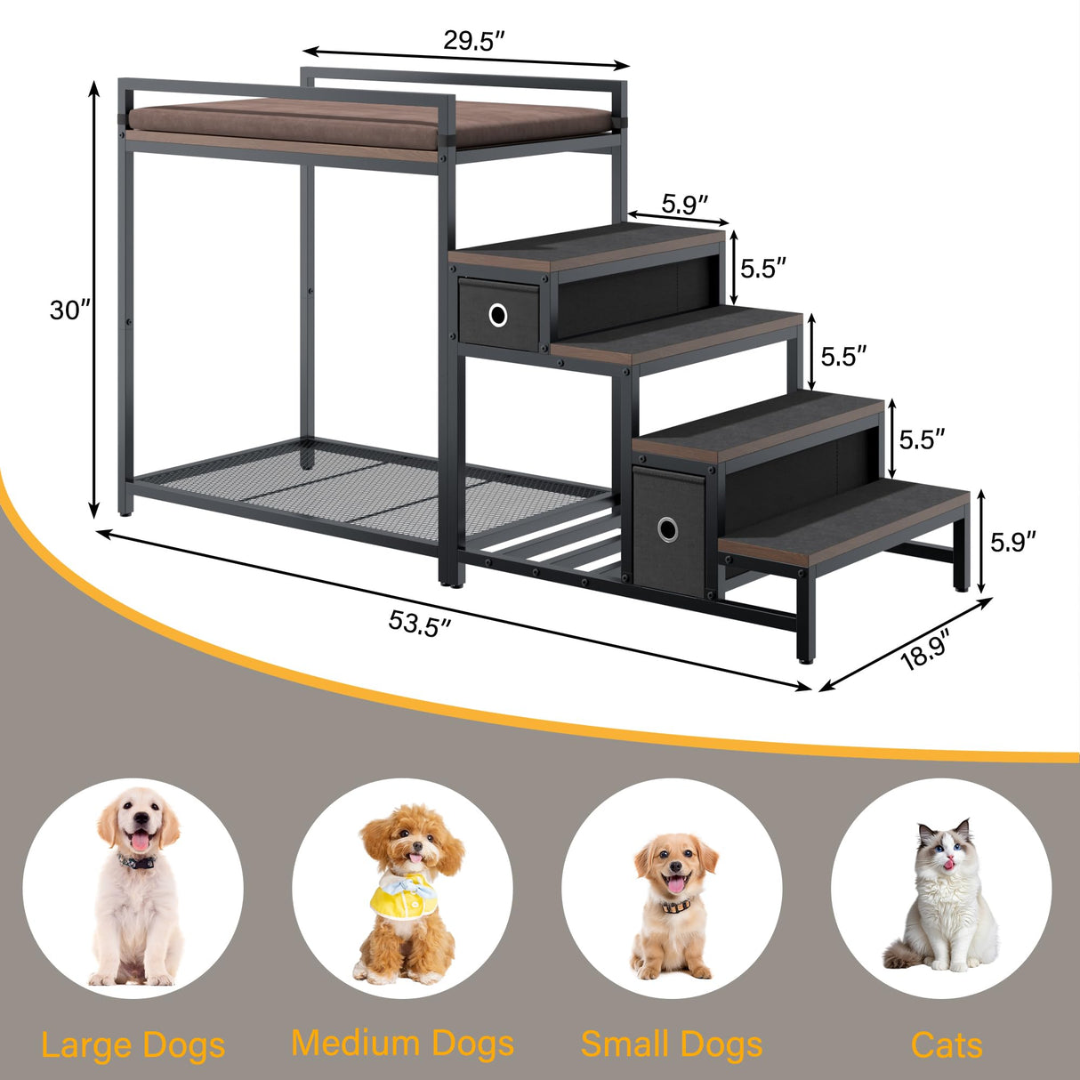 kepptory Pet Bunk Bed with Stairs and Storage, Dog Beds Attachment to Human Bed, Bedside Dogs Cot for Small, Medium Cats & Dogs, Pet Window Perch (Brown)