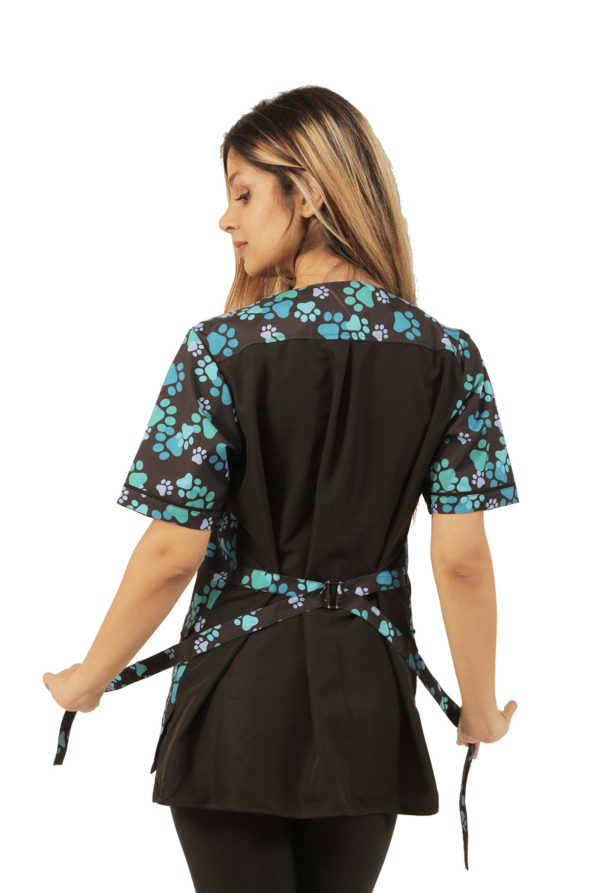 Ladybird Line 714 Blue Paw Print Waterproof Dog Grooming Smock, Hair Bleach Resistant Jacket, Covered Zipper Panel, Solid Black Back, Adjustable Belt, 2 Front Pockets, Pet Groomers Vet Clinics - XL