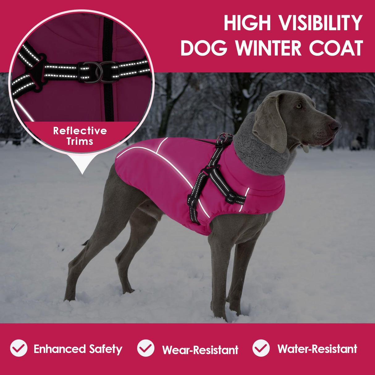 AOFITEE Dog Winter Coat, Waterproof Dog Jacket with Harness Built in, Warm Fleece Dogs Coats for Medium Dogs, Reflective Cozy Thermal Pet Puffer Jacket Snowsuit with Zipper & Furry Collar, Pink M